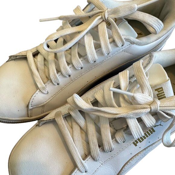 Puma Vikky Leather Sneaker White Gold Logo Lace-Up Tennis Shoes Size 8 Women's - Picture 10 of 13